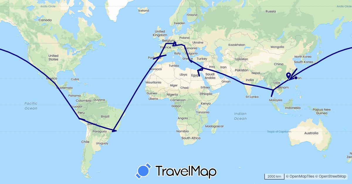 TravelMap itinerary: driving in Austria, Brazil, Switzerland, China, Germany, Egypt, Spain, France, Greece, Hungary, India, Jordan, Japan, Mexico, Peru, Portugal, Thailand, Taiwan (Africa, Asia, Europe, North America, South America)